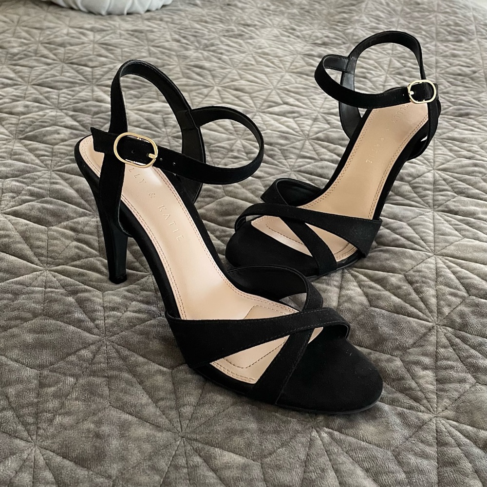 Kelly and Katie Black Suede Heel Ankle buckle